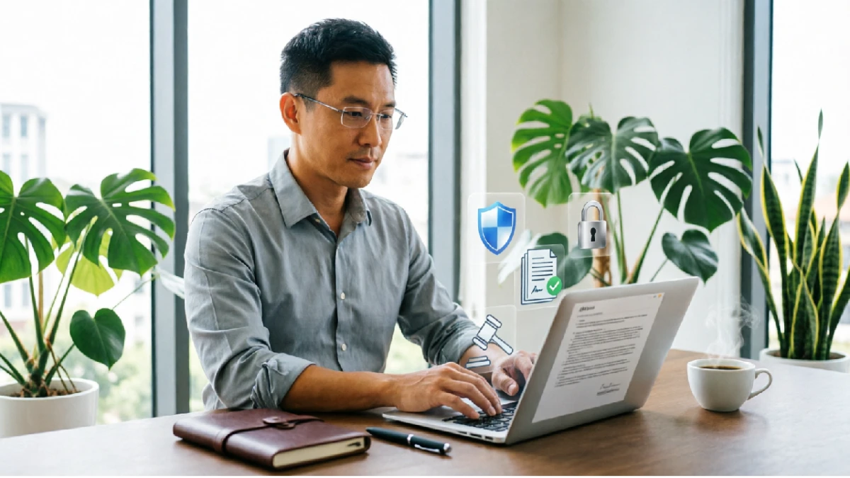 Digital entrepreneur reviewing legal contracts and documents to protect online business