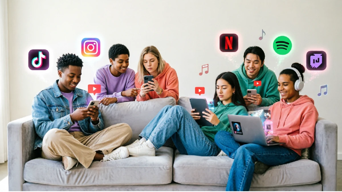 Gen Z Media Consumption Habits 2026: Young adults using smartphones and digital platforms for social media, streaming, and content consumption